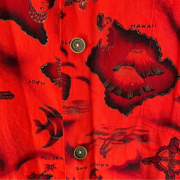 Ui Maiki Vintage 60s Red Hawaiian Islands Map Hibiscus Flower Button Down Shirt - Picture 6 of 7